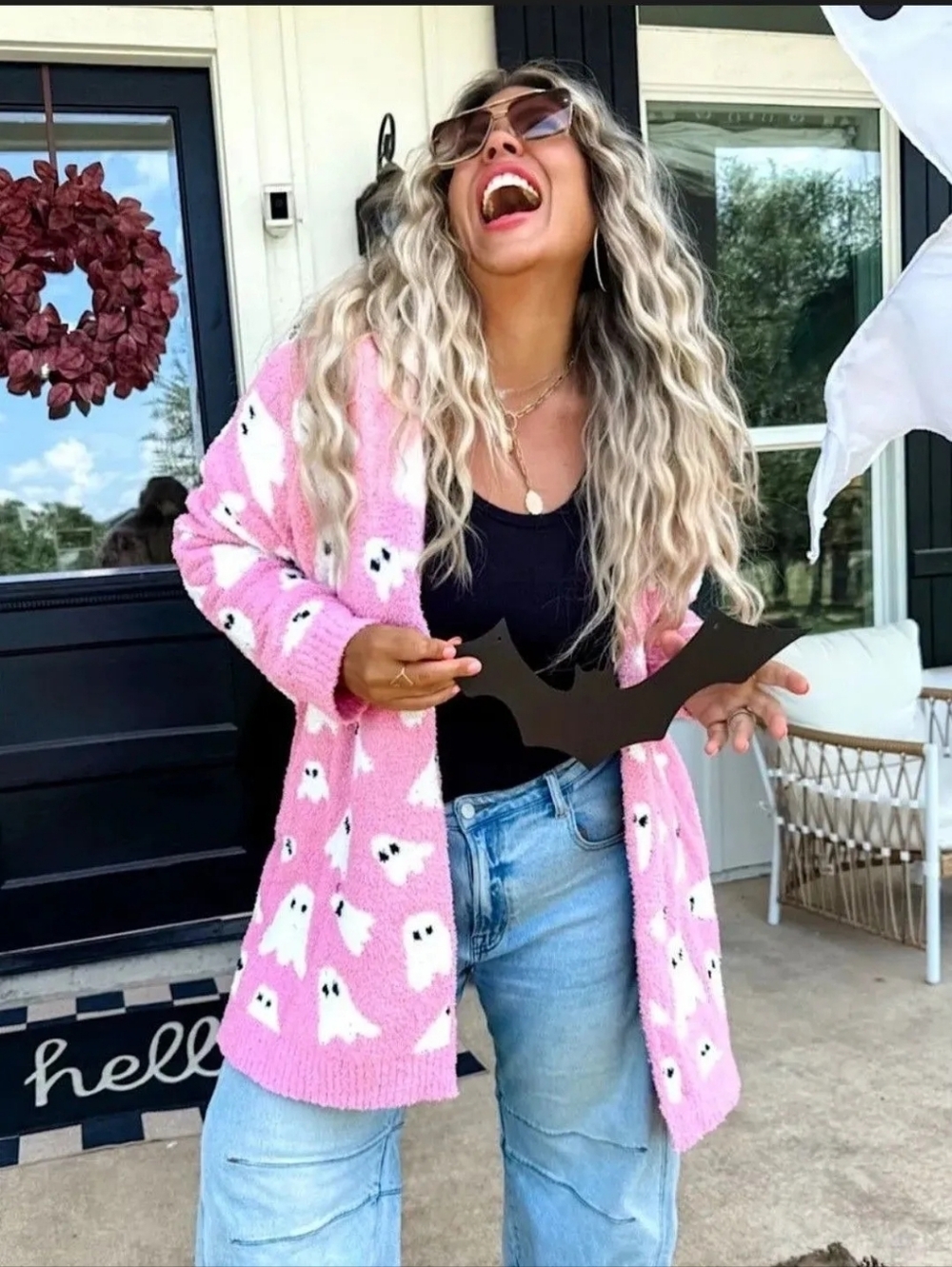 Women's Pink Ghost Print Open-Front Cardigan Sweater